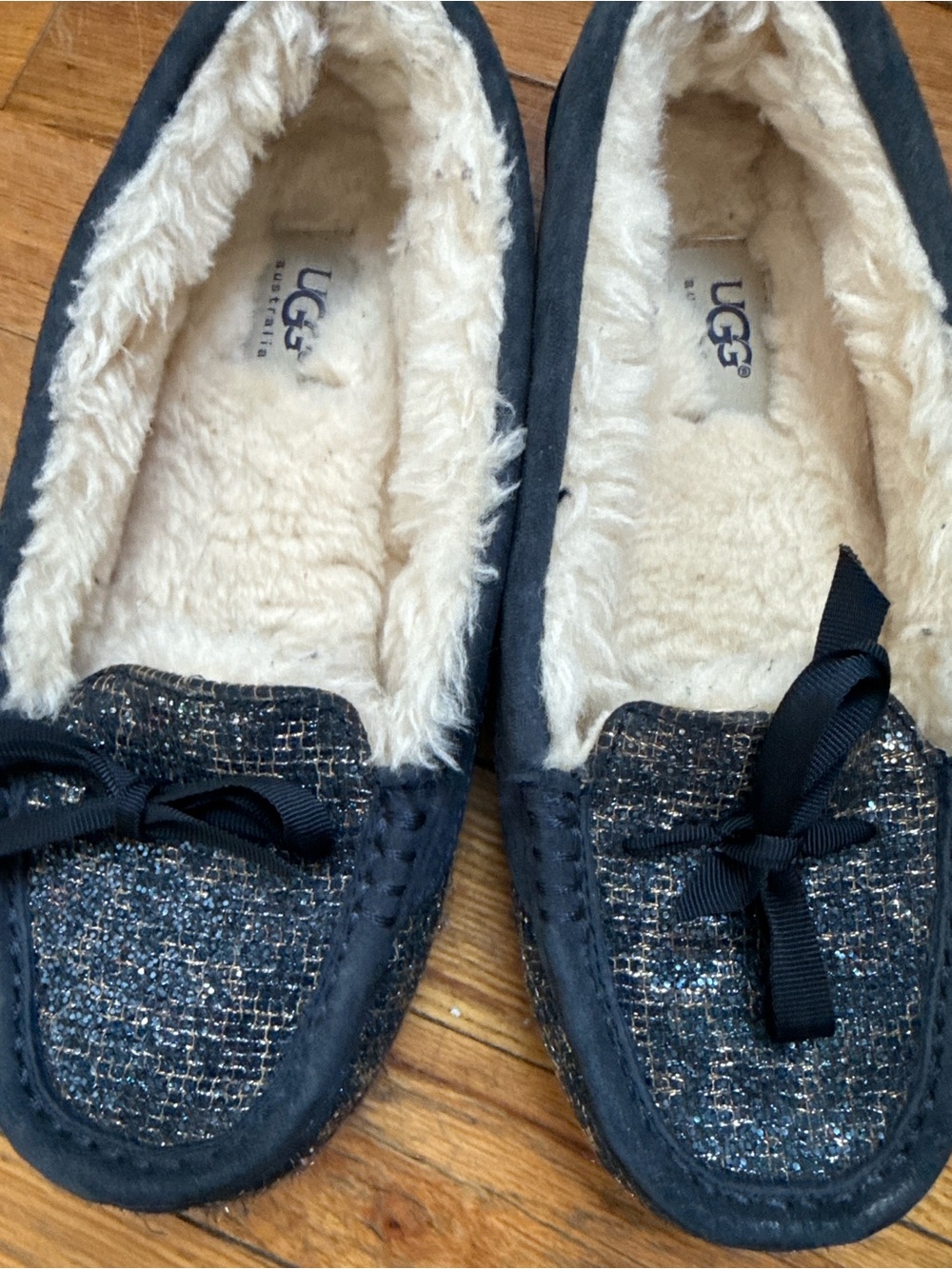 UGG Women's Navy Tweed Moccasins with Cream Shearling